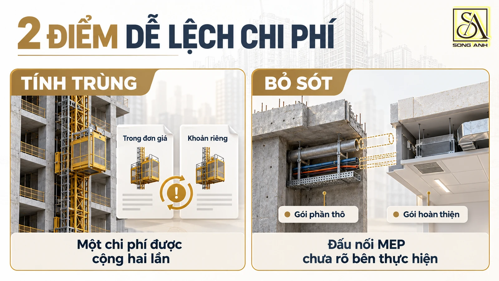 chi phí vận thăng bị tính trùng và phần đấu nối MEP bị bỏ sót giữa gói phần thô với gói hoàn thiện.